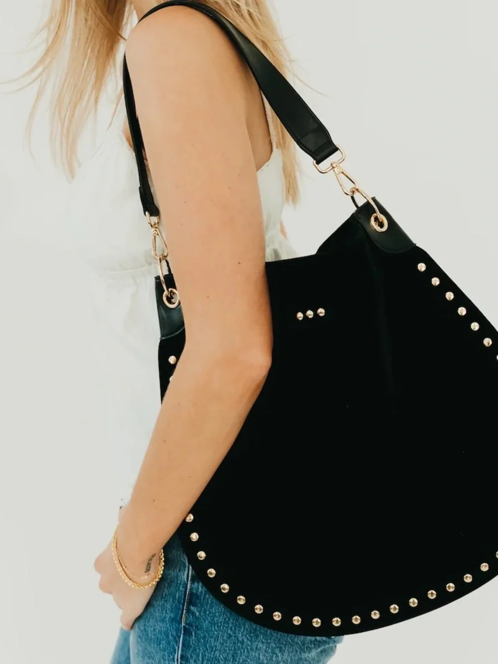 Pretty Simple Rosalie Gold Rivet Luxe Vegan/Faux Suede Hobo Bag Versatile Black